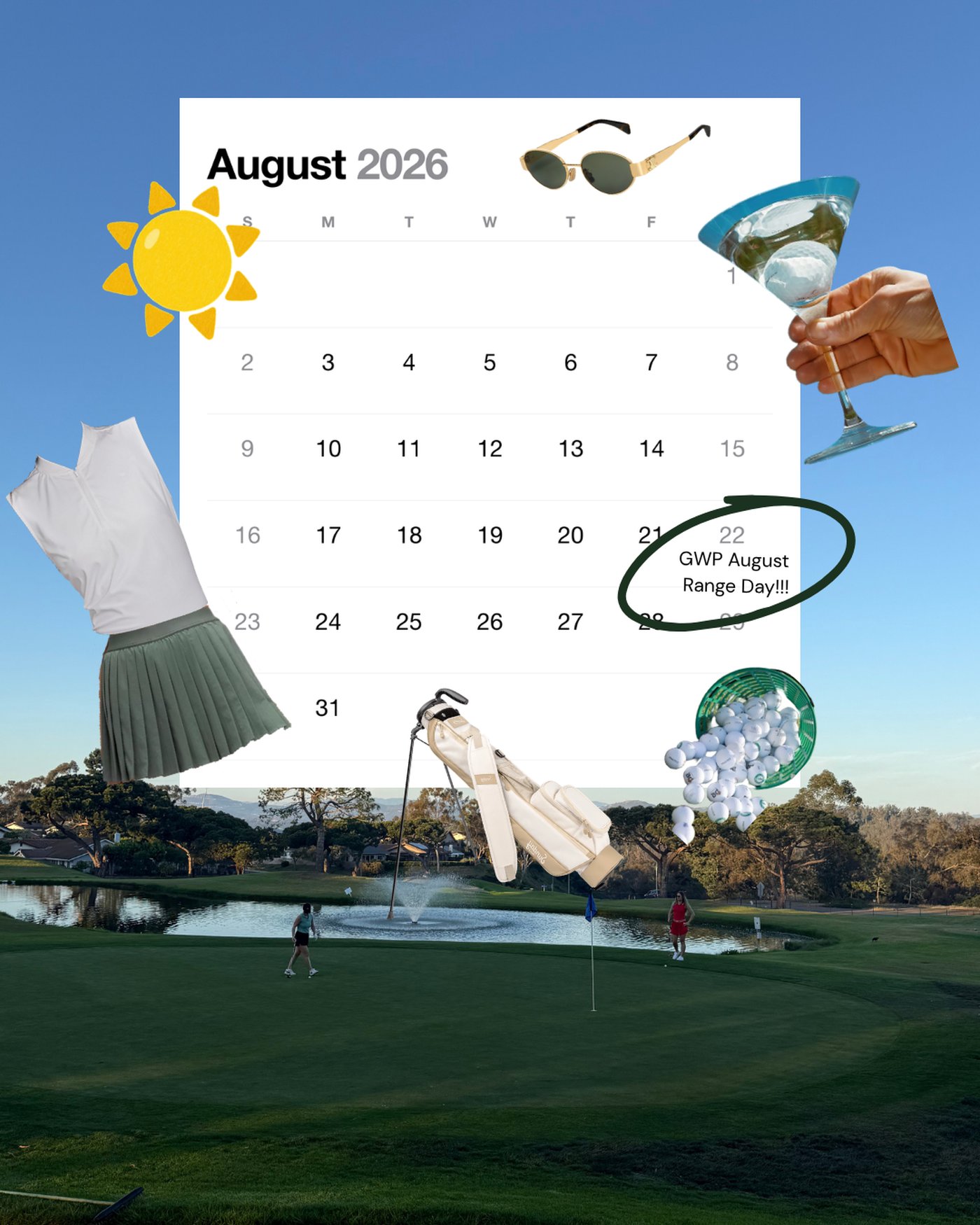August calendar collage promoting the Girls Who Putt August range day, with the 22nd circled on the calendar.