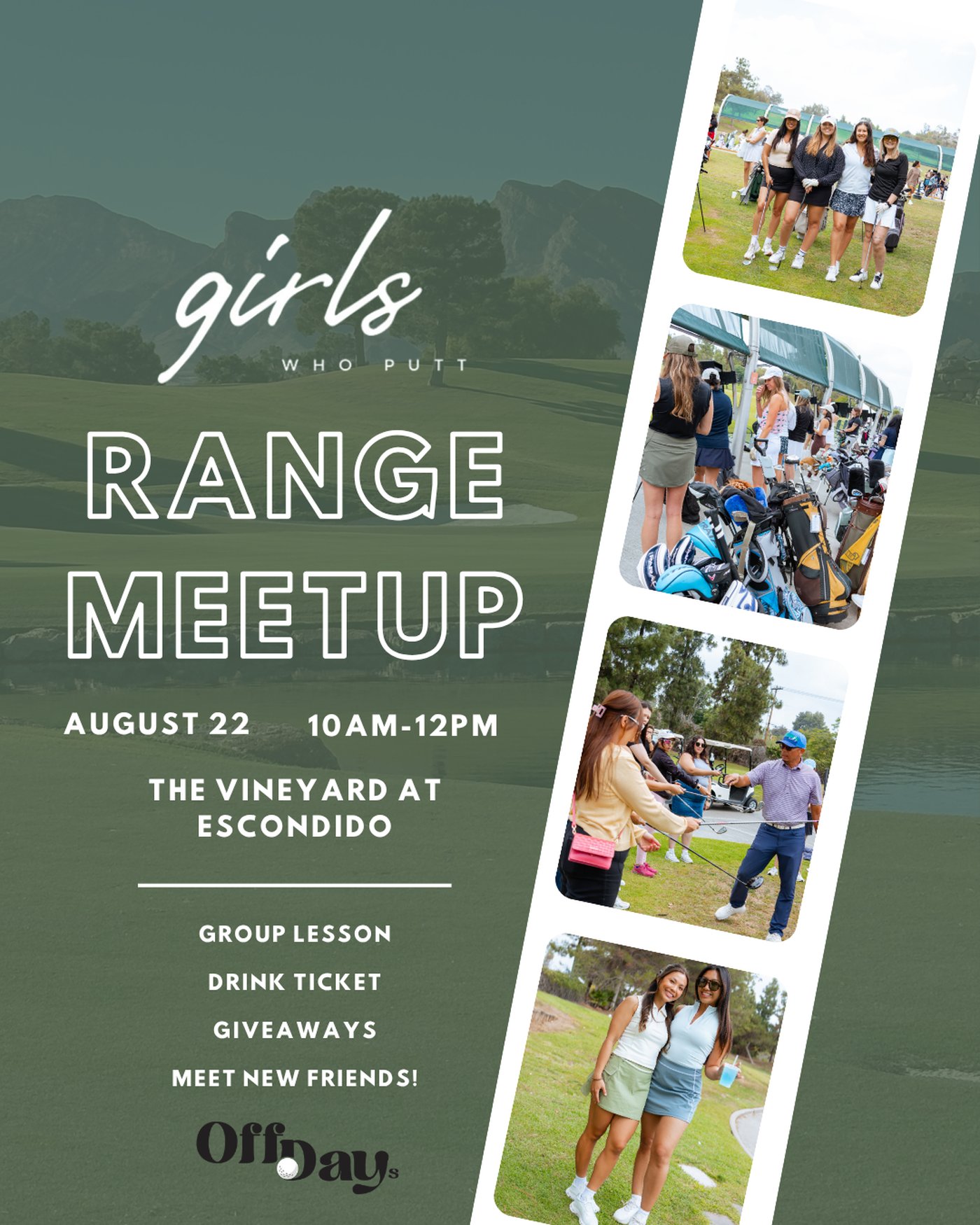 Range Meetup event flyer for Girls Who Putt, with the Off Days logo placed at the bottom.