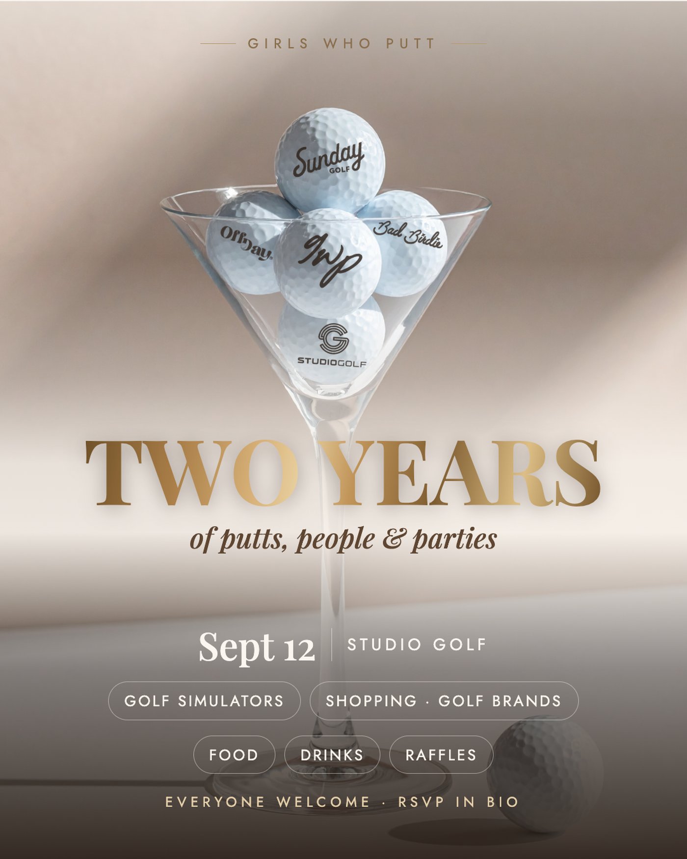 Girls Who Putt two year anniversary invitation: a martini glass holding golf balls branded Sunday Golf, Bad Birdie, Off Day, GWP and Studio Golf.